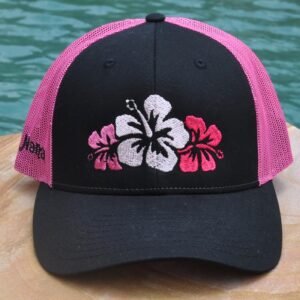 black and pink baseball hat with 3 pink hibiscus flowers on the front. customized with name on the side