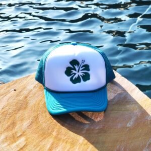 Beuatiful Embroidered Hibiscus Flower on a teal and white foam trucker hat