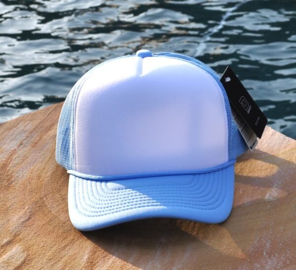 light blue hat blank Light blue and white foam trucker hat