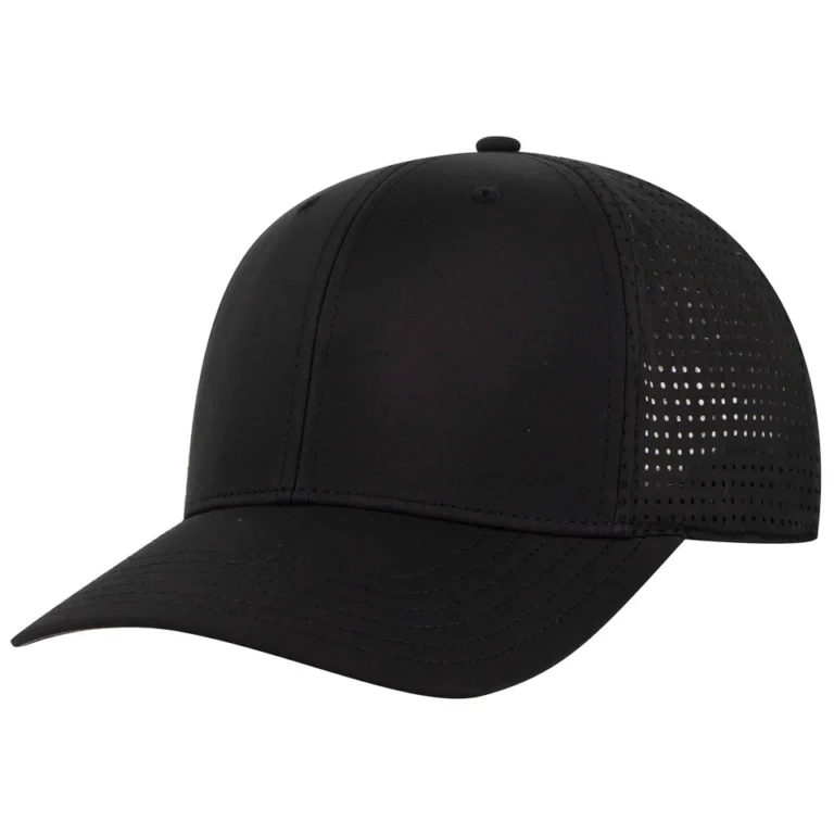 laser ventilated black curved bill trucker hat