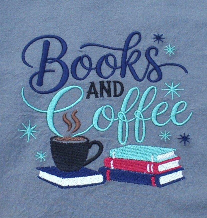 Gray Towel Option Books and Coffee Embroidery Design