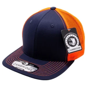 Cambridge navy and neon orange curved bill mesh back