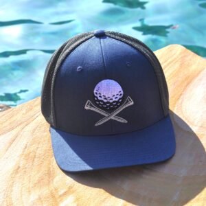 Navy and gray flexfit hat with golf ball and tees embroidered on the front
