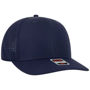 laser cut ventilated navy curved bill trucker hat
