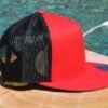 Red and black mesh flat side Flat Bill with Mesh Back Trucker Hat