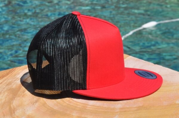 Red and black mesh flat side Flat Bill with Mesh Back Trucker Hat