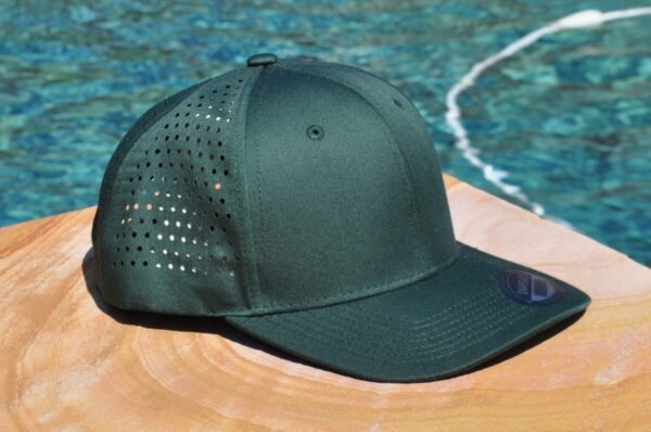 laser ventilated dark green curved bill trucker hat