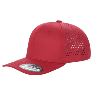 laser cut ventilated red curved bill trucker hat