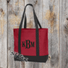 Red and black large blank canvas bag with monogram on the front