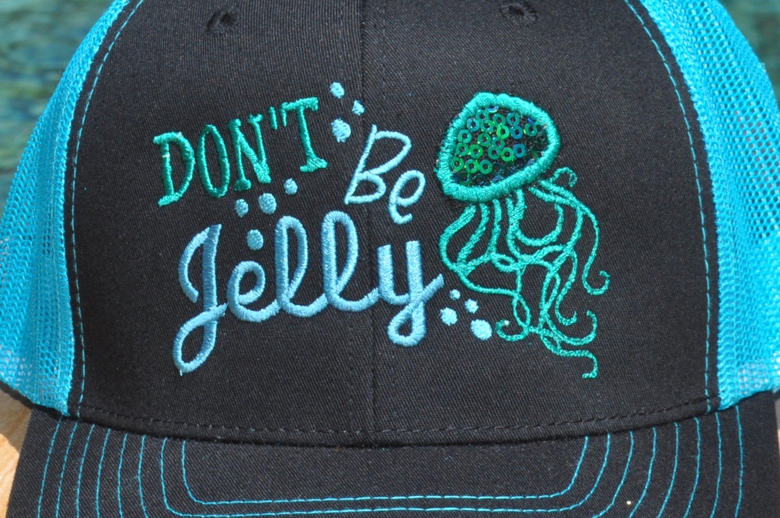 Dont be jelly hat front Don’t Be Jelly – Sequin Jellyfish Embroidery Design