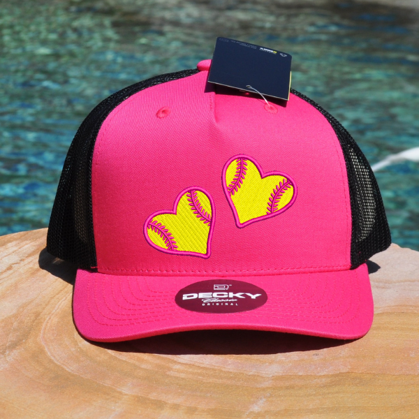 Pink and yellow softball double hearts hat example
