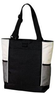 Stone and black large tote with zipper and multiple pockets