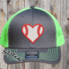 Single heart design with white and red on a gray and green hat