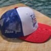 Design of Free to Sparkle on a patriotic red white and blue hat side view
