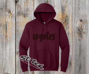 Maroon hoodie sweatshirt with puff embroidery of mascot
