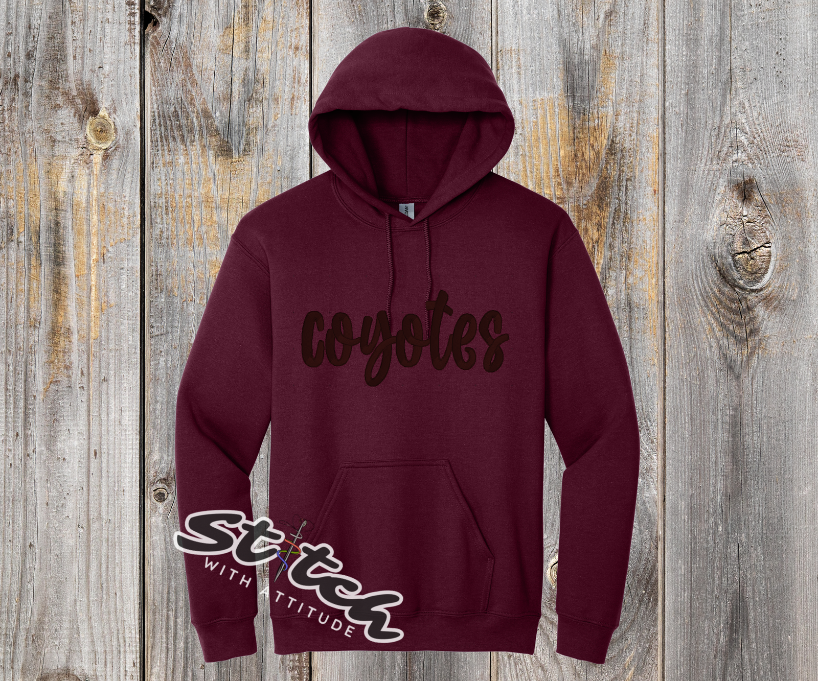 Maroon hoodie sweatshirt with puff embroidery of mascot Maroon hoodie sweatshirt with puff embroidery of mascot