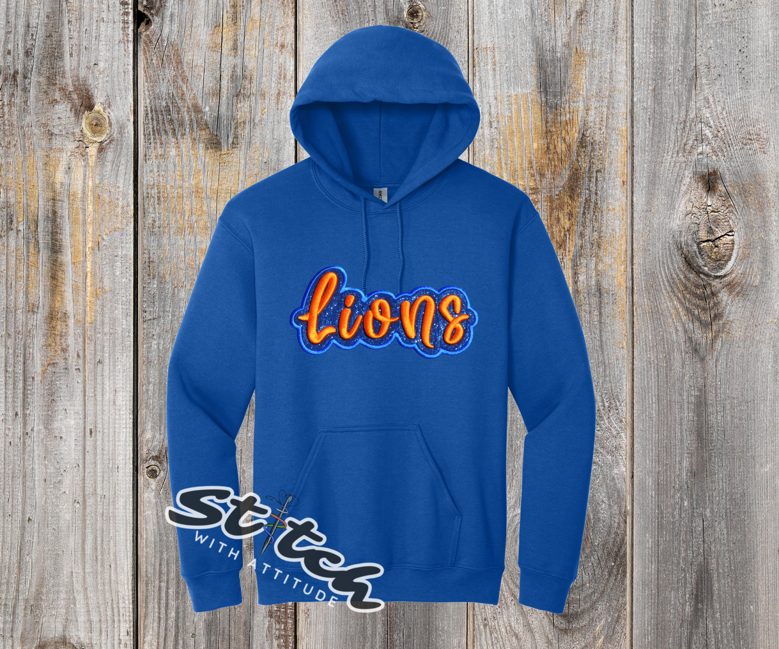 Royal blue with lions embroidery and glitter vinyl