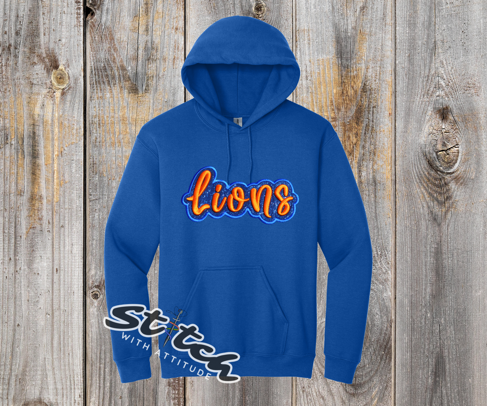 Royal blue with lions embroidery and glitter vinyl