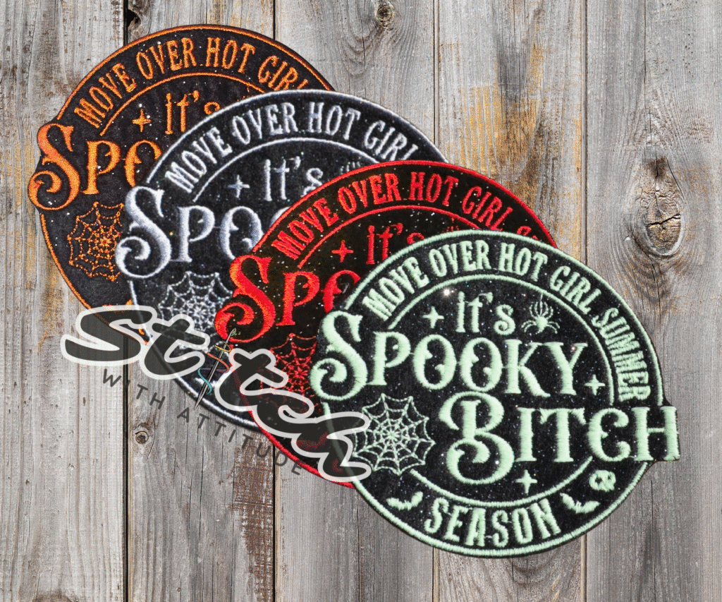 Spooky bitch season patch in multiple colors and a glitter background