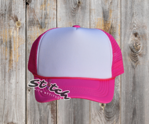 white and fuchsia foam trucker hat