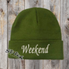 Amy green beanie with the word Weekend embroidered on the front