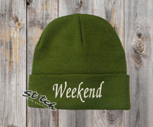 Amy green beanie with the word Weekend embroidered on the front