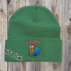F-caw-F chicken design on a green beanie