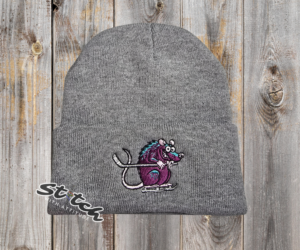 Funny hockey rat embroidered on a gray beanie