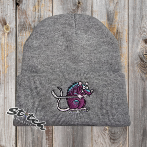 Funny hockey rat embroidered on a gray beanie