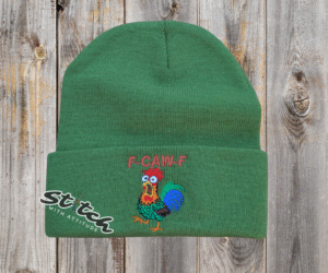 F-caw-F chicken design on a green beanie