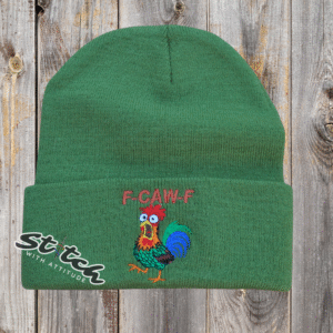 F-caw-F chicken design on a green beanie