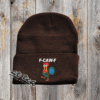 F-caw-F chicken design on a chocolate beanie