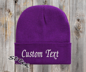 Purple beanie with the embroidery on the front