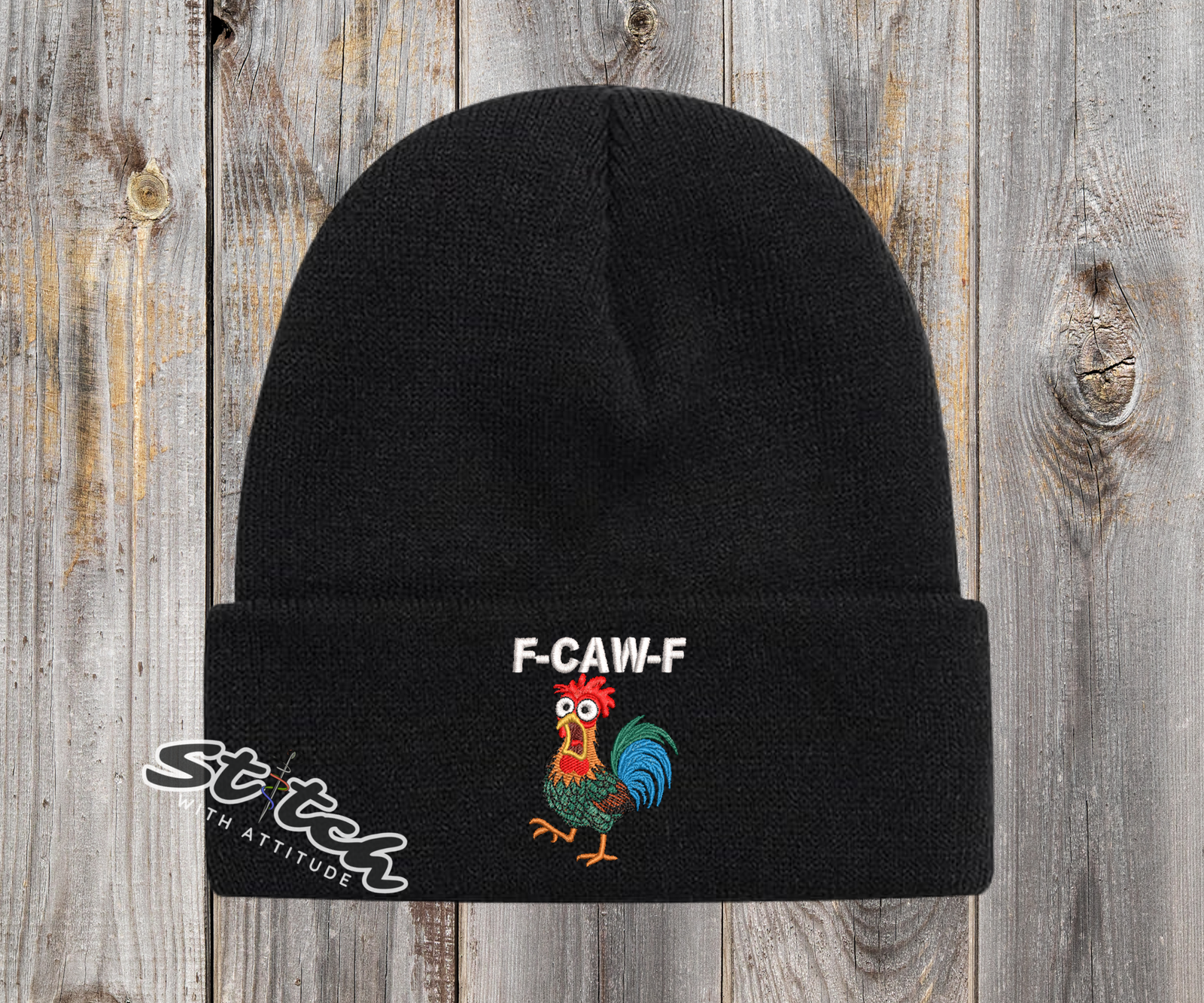 F-caw-F chicken design on a black beanie