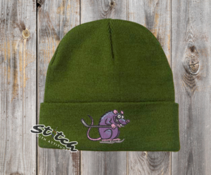 Funny hockey rat embroidered on a green beanie