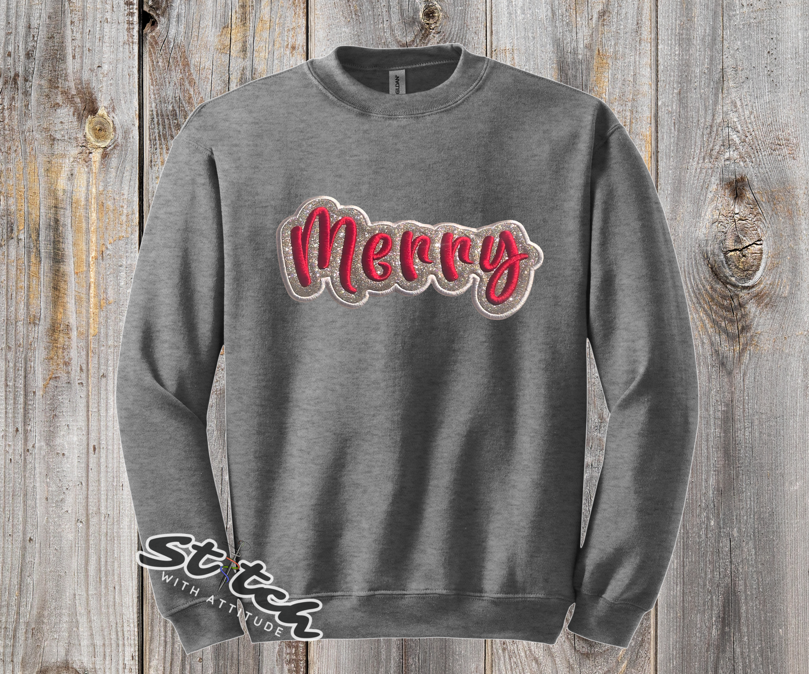 Merry Holiday Glitter and Puff Embroidered Sweatshirt - Festive Holiday Crewneck