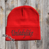 Red beanie with the embroidery on the front
