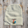 F-caw-F chicken design on a cream beanie
