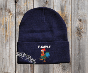F-caw-F chicken design on a navy beanie