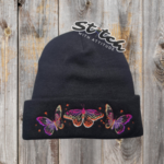 Embroidered butterflies on a black beanie