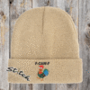 F-caw-F chicken design on a tan beanie