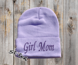 Lavendar beanie with the embroidery on the front