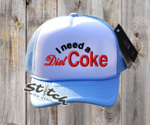 I need a diet soda on a blue and white hat