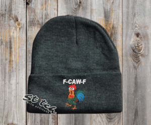 F-caw-F chicken design on a charcoal beanie