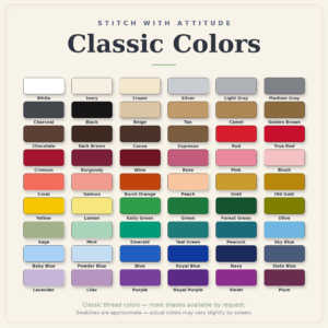 Classic embroidery thread color chart showing solid color options for custom embroidery orders