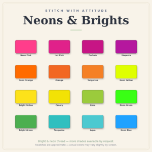 Neon and bright embroidery thread color options including fluorescent yellow, pink, orange, and green shades