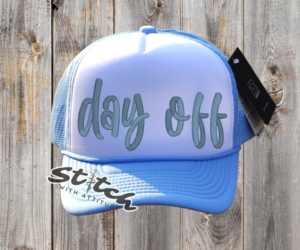 Foam trucker hat light blue with day off embroidered Foam trucker hat light blue with day off embroidered