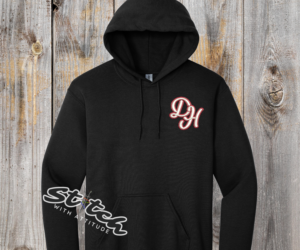 Daddy Hack glitter logo embroidered on a black hoodie sweatshirt