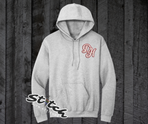 Daddy Hack logo embroidered on a light gray hoodie sweatshirt