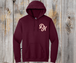 Daddy Hack logo embroidered on a maroon hoodie sweatshirt